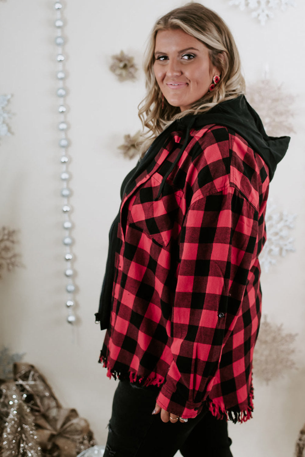 Ruby Plus Size Plaid Hooded Distressed Zip-Up Jacket Plus Size JT's Designer Fashion