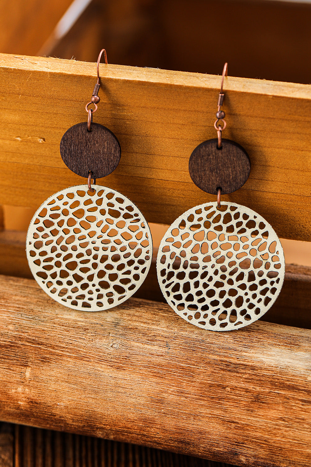 Beige Hollow Out Wooden Round Drop Earrings Jewelry JT's Designer Fashion