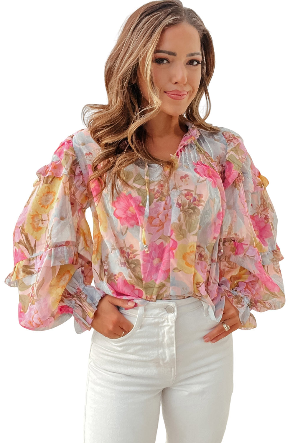 Pink Floral Print Tiered Ruffled Long Sleeve Blouse Tops & Tees JT's Designer Fashion