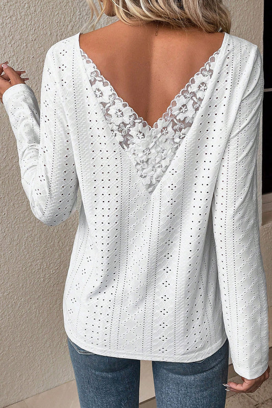 White Floral Lace Splicing Eyelet Long Sleeve Top Tops & Tees JT's Designer Fashion