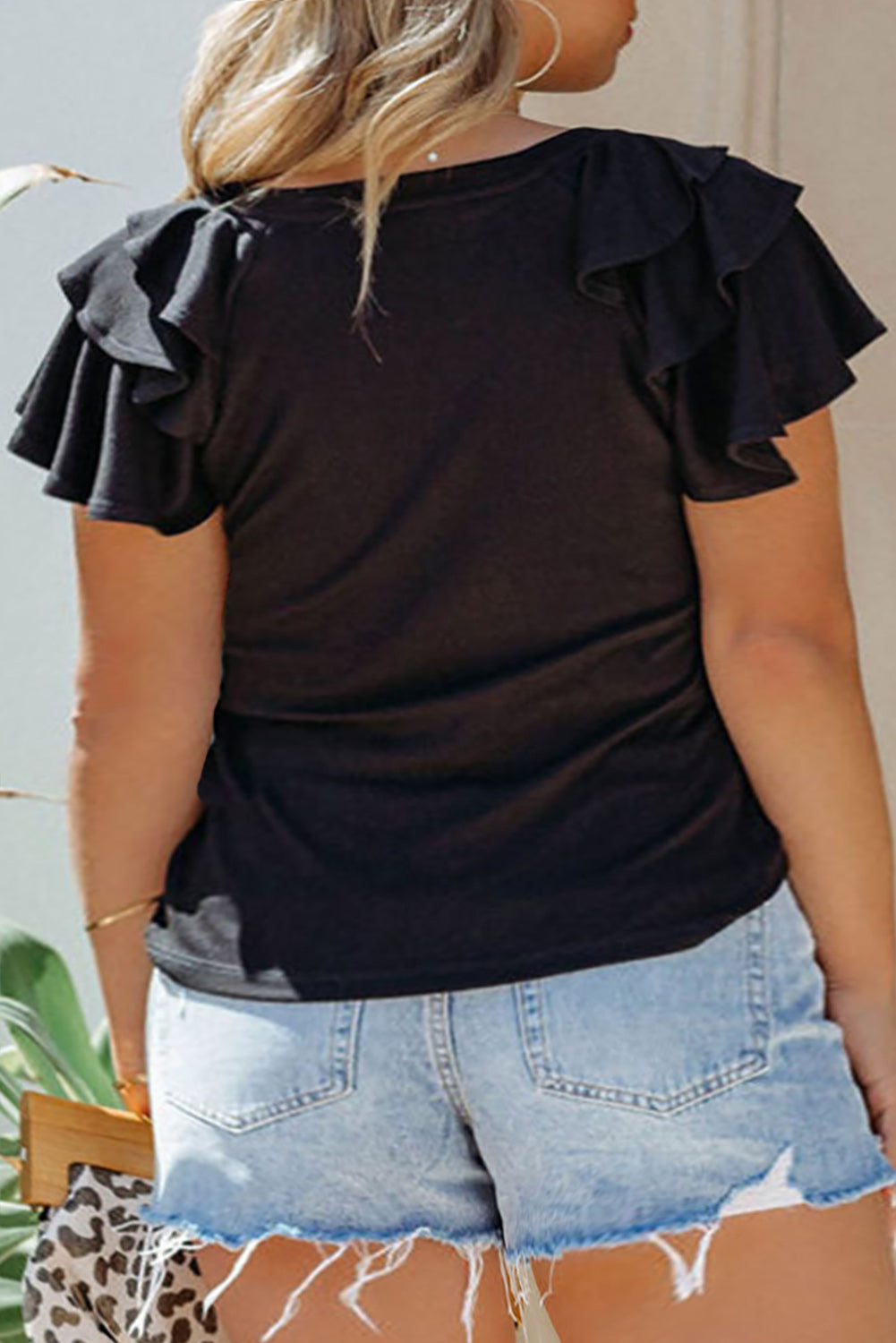 Black Solid Color Ruffle Tiered Sleeve Plus Size Tee Plus Size Tops JT's Designer Fashion