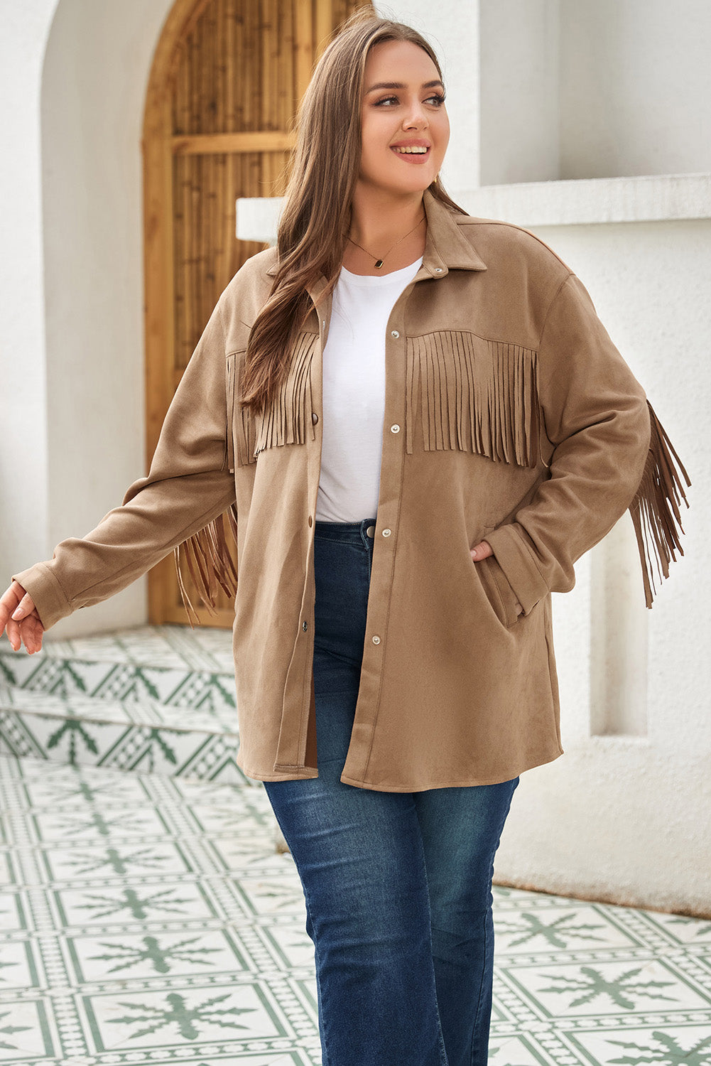 Khaki Fringe Trim Plus Size Suede Shacket Plus Size JT's Designer Fashion