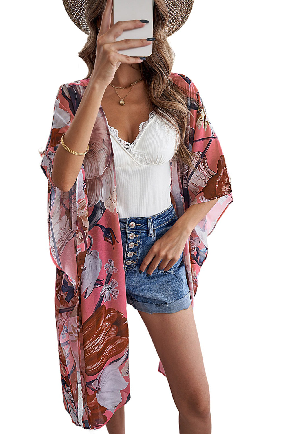 Pink Boho Floral Print Beach Cover up Kimono Kimonos JT's Designer Fashion