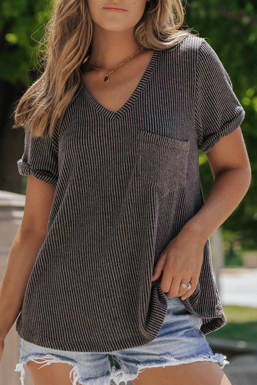 Carbon Grey Twist Short Sleeve Corded V Neck Top Tops & Tees JT's Designer Fashion