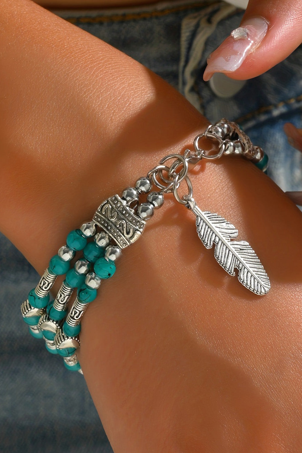 Green Boho Turquoise Beaded Geometric Carved Feather Bracelet Jewelry JT's Designer Fashion