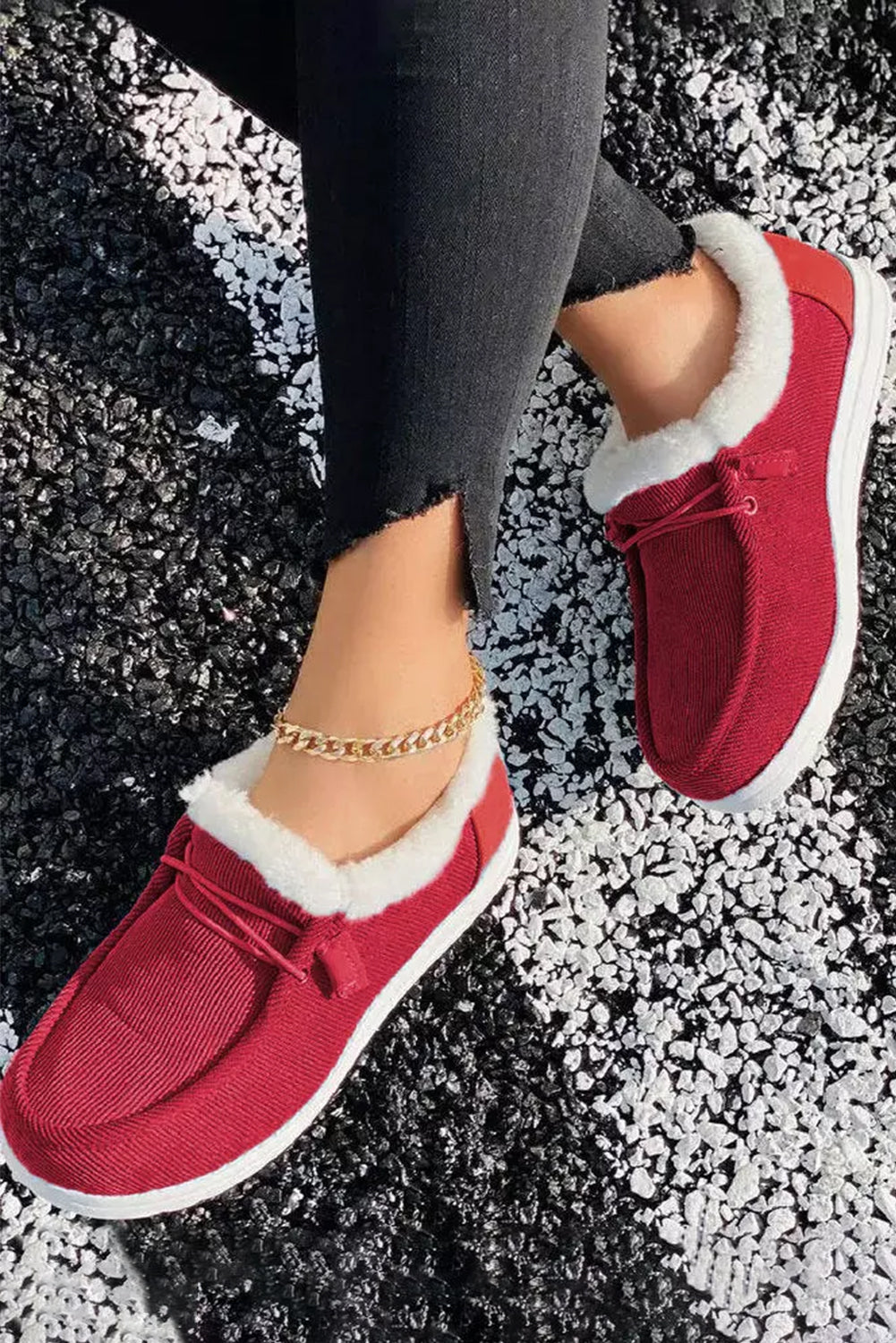 Fiery Red Corduroy Drawstring Plush Slip on Shoes Women's Shoes JT's Designer Fashion