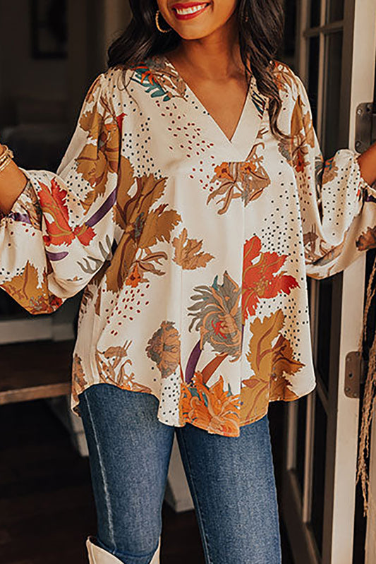 White V Neck Loose Sleeve Floral Blouse Blouses & Shirts JT's Designer Fashion