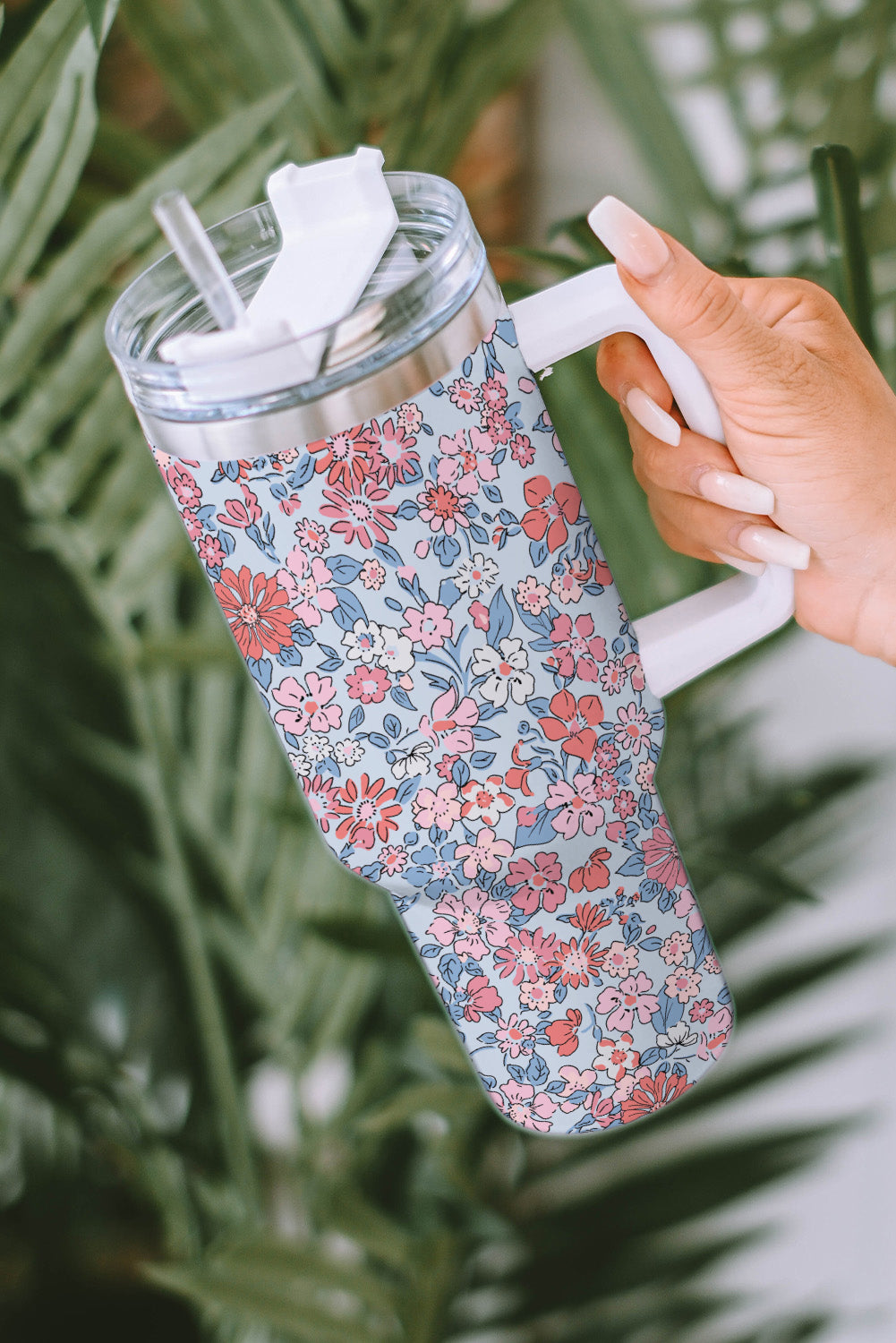 Multicolour Floral Print Handled Stainless Tumbler with Straw Tumblers JT's Designer Fashion