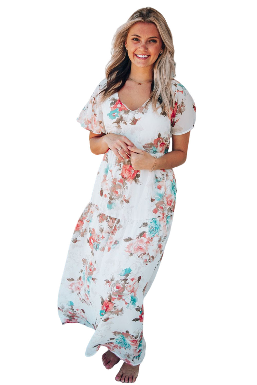 White V Neck Short Sleeves Floral Print Maxi Dress Maxi Dresses JT's Designer Fashion