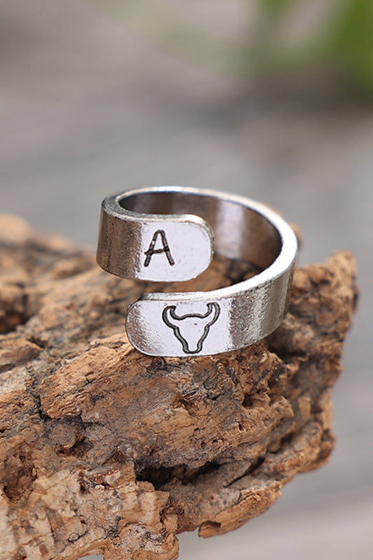 Silver Western Bull Head Alphabet Carving Ring Jewelry JT's Designer Fashion