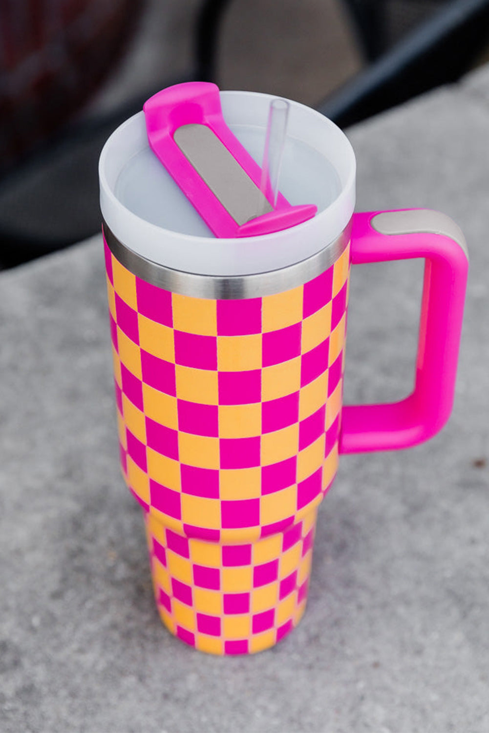 Ginger Checkered Print Handled Stainless Steel Tumbler Cup 40oz Tumblers JT's Designer Fashion