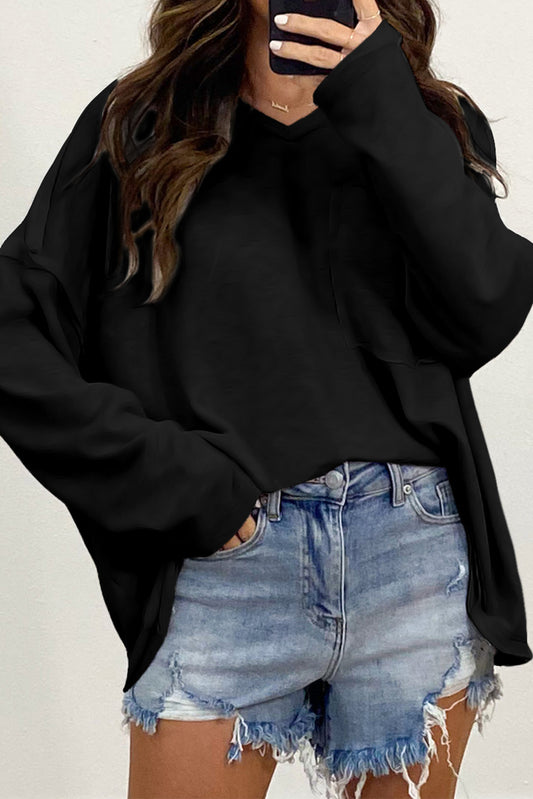 Black Pocketed Oversized Drop Sleeve Top Black 60%Cotton+35%Polyester+5%Elastane Long Sleeve Tops JT's Designer Fashion