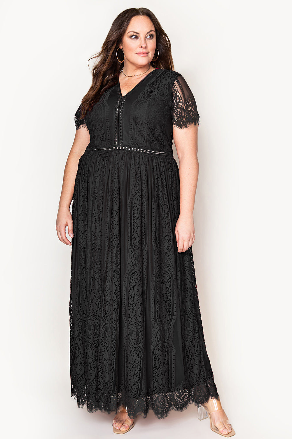 Black Eyelash Lace Short Sleeve Curvy Maxi Dress Plus Size Dresses JT's Designer Fashion