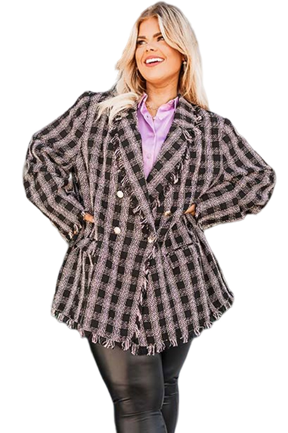 Black Plaid Tweed Frayed Trim Plus Size Blazer Plus Size JT's Designer Fashion