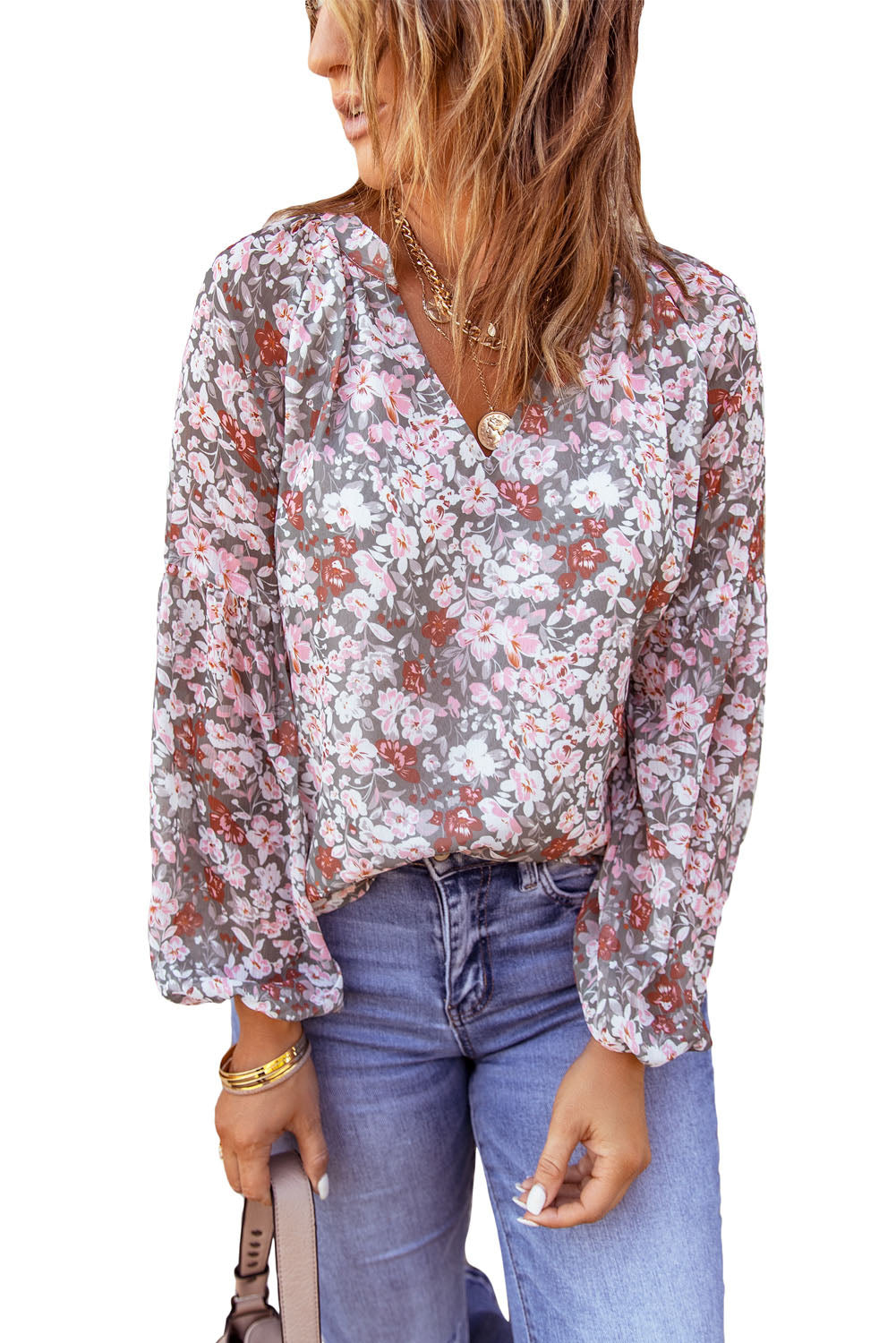 Multicolor Blue Split V Neck Floral Blouse Blouses & Shirts JT's Designer Fashion