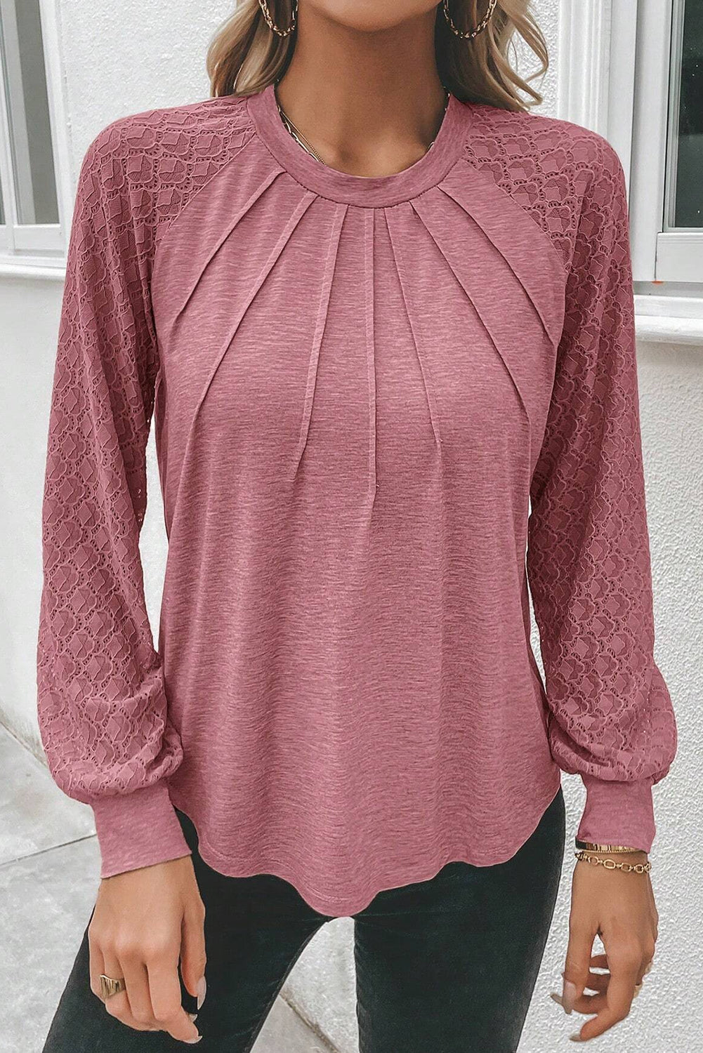 Rose Pink Contrast Lace Raglan Sleeve Plicated Round Neck Top Tops & Tees JT's Designer Fashion