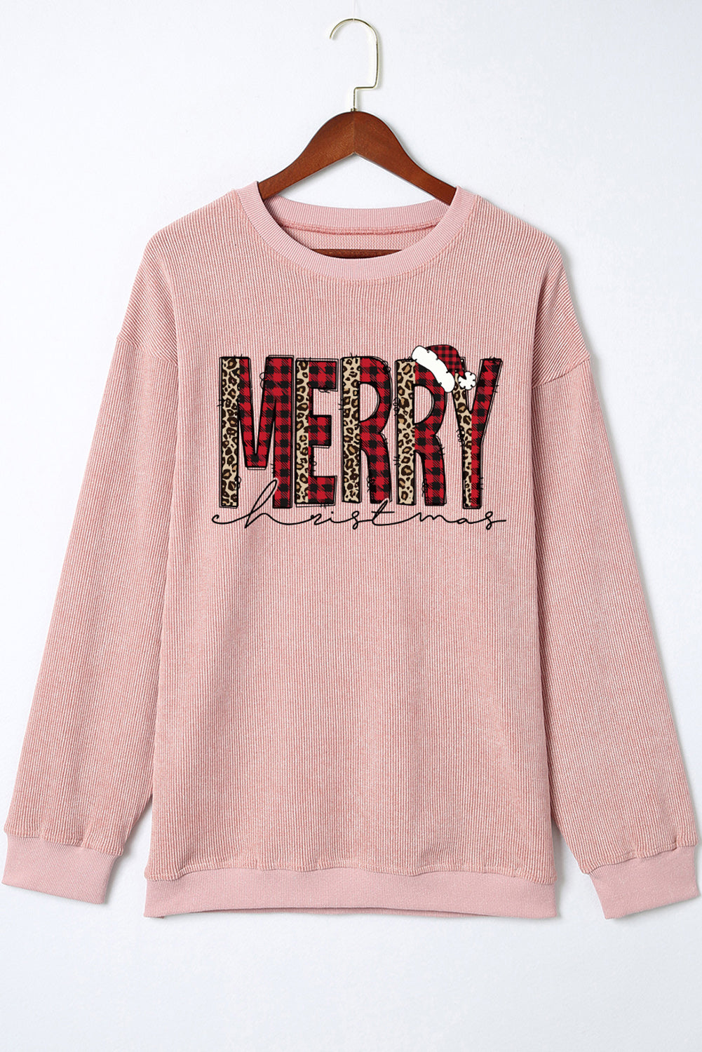 Pink MERRY Christmas Plaid Leopard Print Corded Sweatshirt Graphic Sweatshirts JT's Designer Fashion