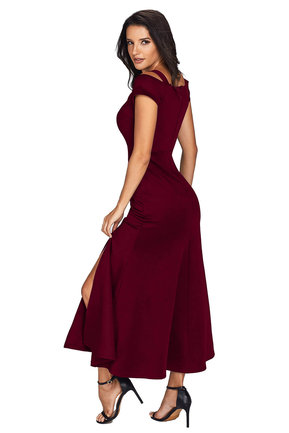 Burgundy Cold Shoulder Front Slit Flare Maxi Dress Maxi Dresses JT's Designer Fashion