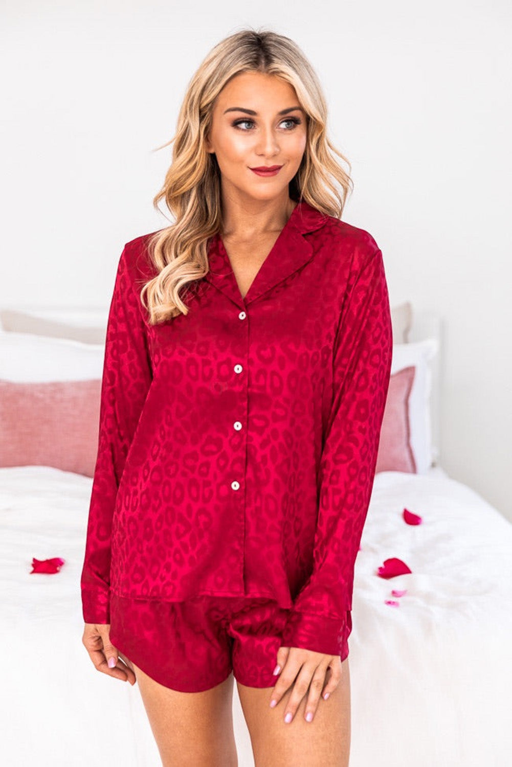 Red Leopard Print Long Sleeve Satin Plus Size Sleepwear Plus Size JT's Designer Fashion