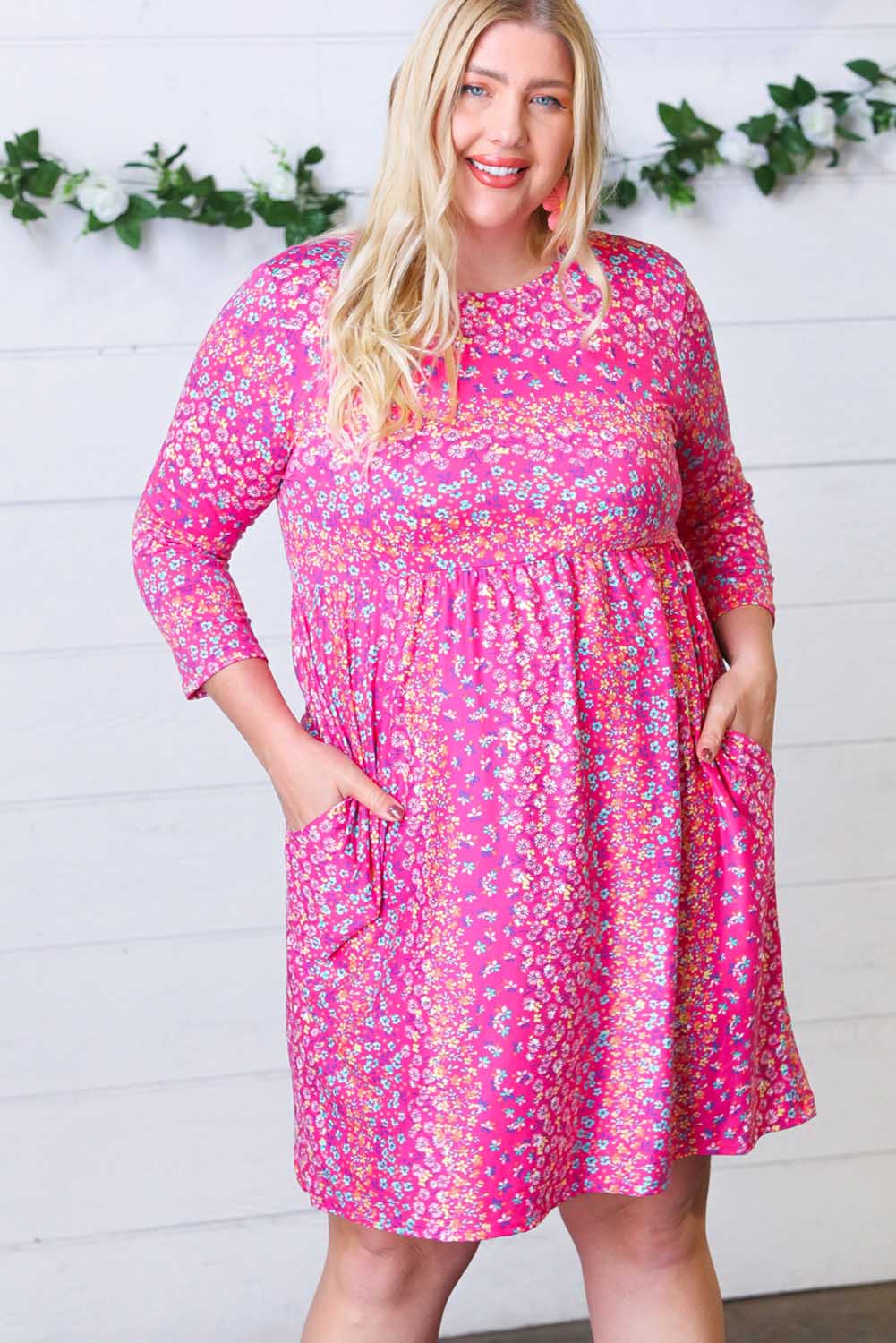 Pink Plus Size Sweet Floral Pocketed 3/4 Sleeve Dress Plus Size JT's Designer Fashion