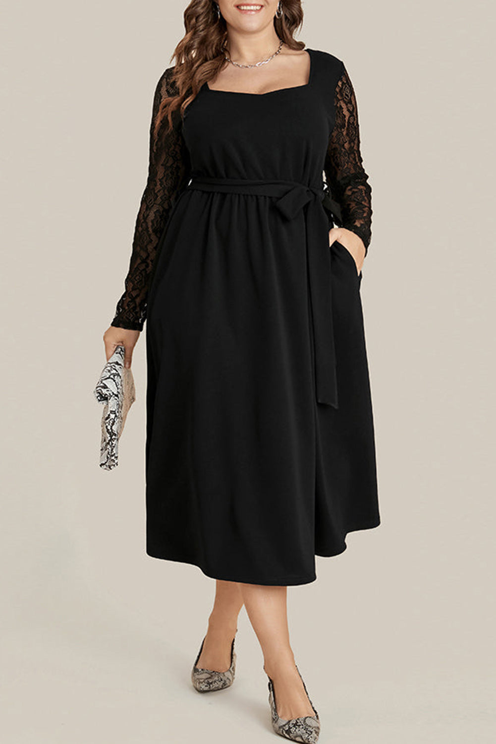 Black Plus Size Sheer Lace Sleeve Belted Ruffle Midi Dress Plus Size JT's Designer Fashion