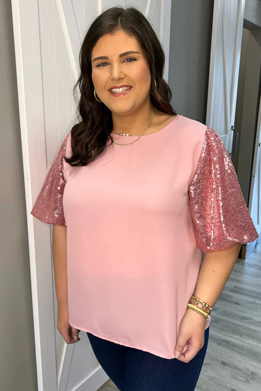 Pink Contrast Sequin Sleeve Plus Size T-shirt Plus Size JT's Designer Fashion