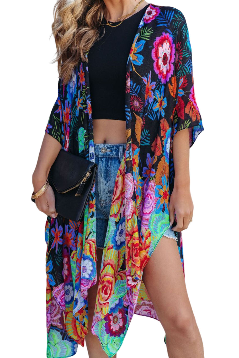 Multicolor Bohemian Floral Print Half Sleeve Open Front Kimono Kimonos JT's Designer Fashion