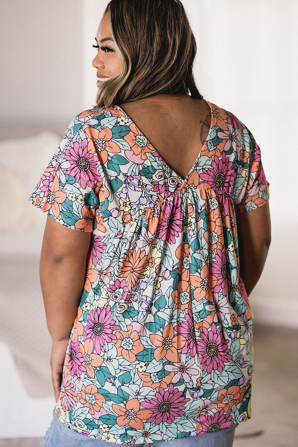 Multicolor Plus Size Summer Floral Print V Neck Blouse Plus Size Tops JT's Designer Fashion