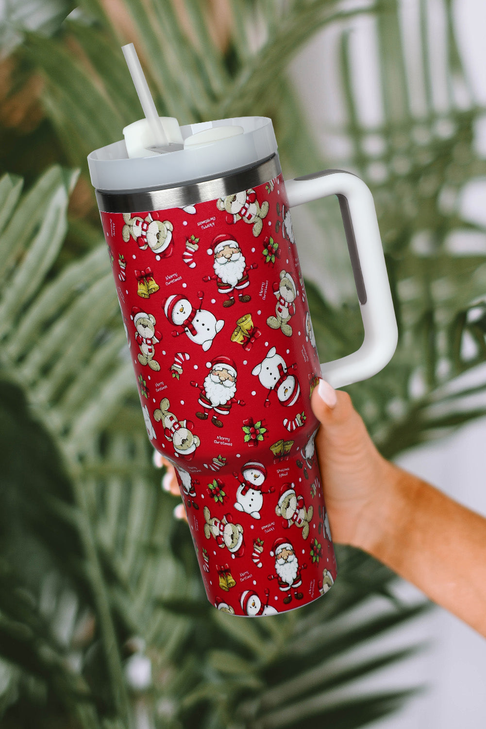 Fiery Red Christmas Pattern Print Handled Stainless Steel Tumblers Tumblers JT's Designer Fashion