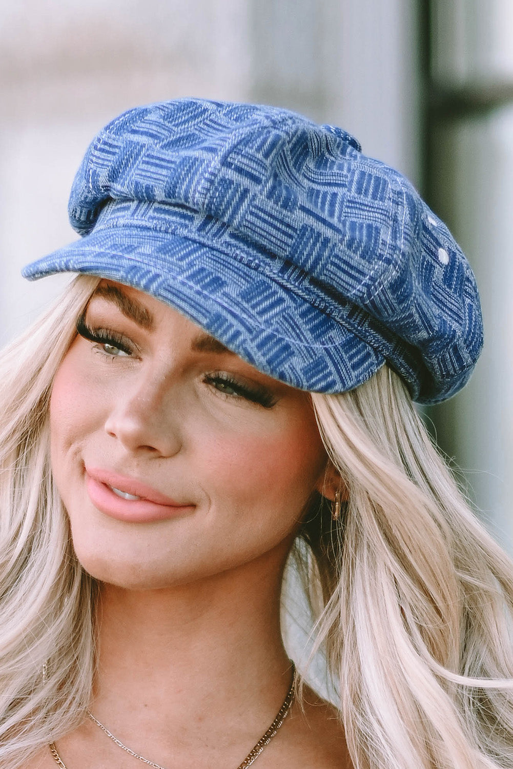 Sky Blue Vintage Checkered Denim Octagonal Hats Hats & Caps JT's Designer Fashion