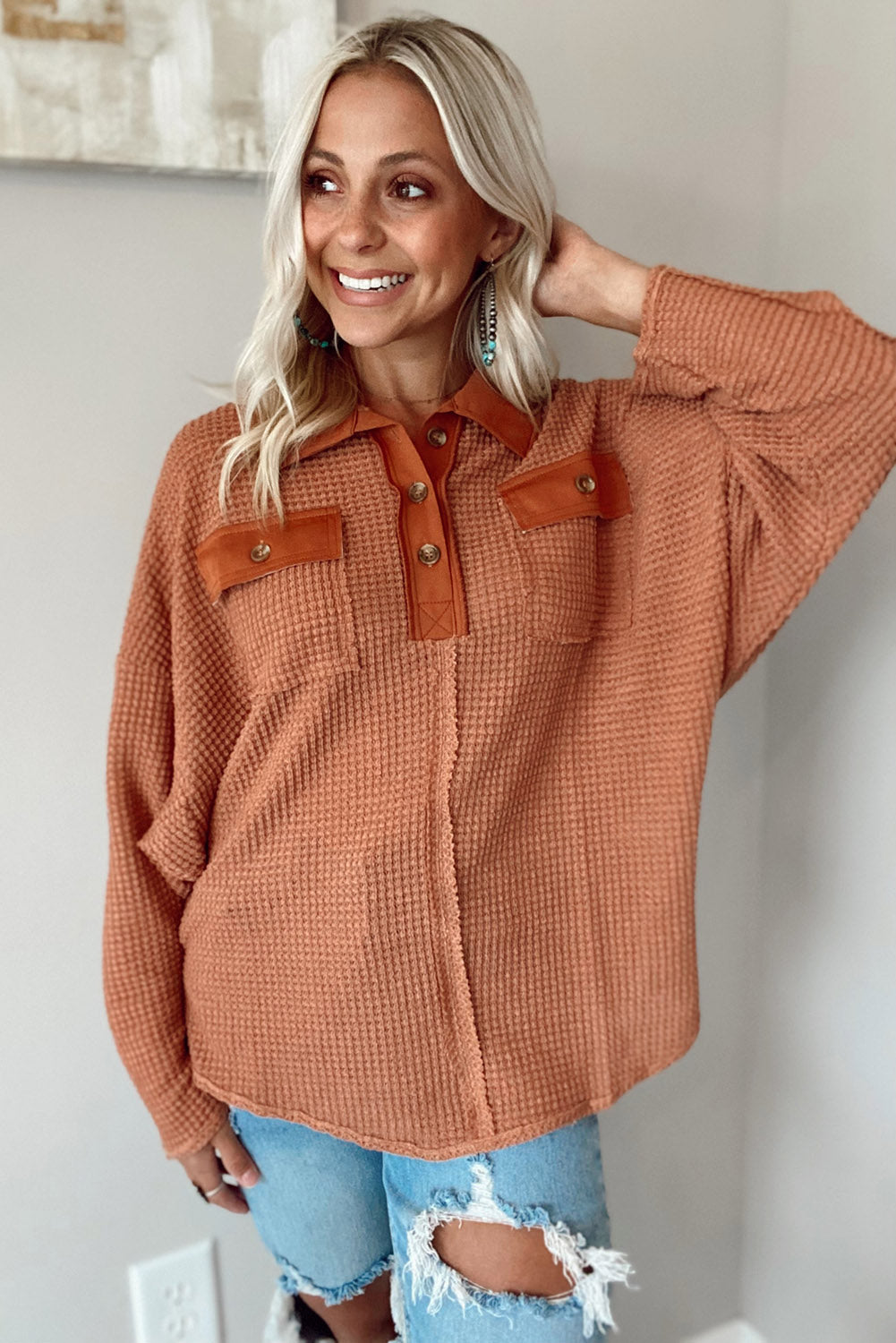 Brown Waffle Knit Button Contrast Trim Long Sleeve Top Tops & Tees JT's Designer Fashion