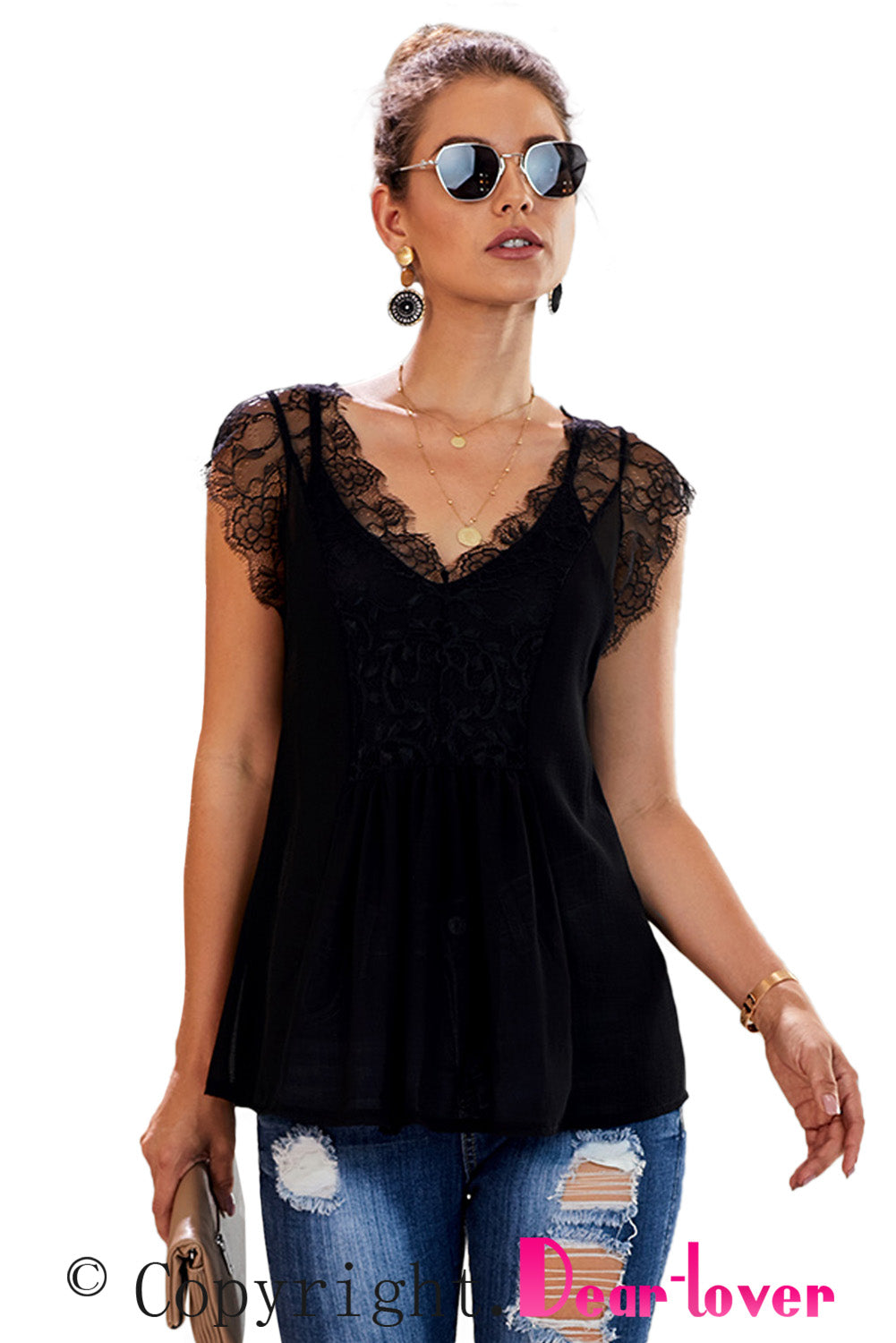 Black From A Dream Lace Tank Top with Vest Tank Tops JT's Designer Fashion