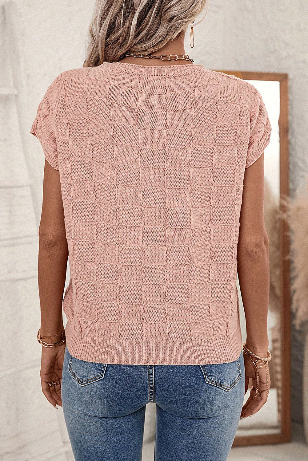 Dusty Pink Lattice Textured Knit Short Sleeve Baggy Sweater Pre Order Sweaters & Cardigans JT's Designer Fashion