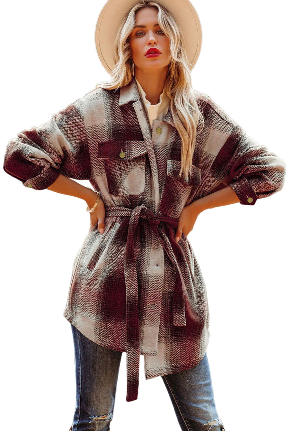 Red Pocketed Belted Plaid Shacket Outerwear JT's Designer Fashion