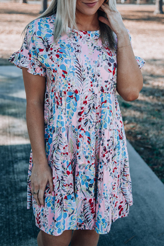 Pink Short Sleeves Floral Print Tiered Ruffled Dress Floral Dresses JT's Designer Fashion