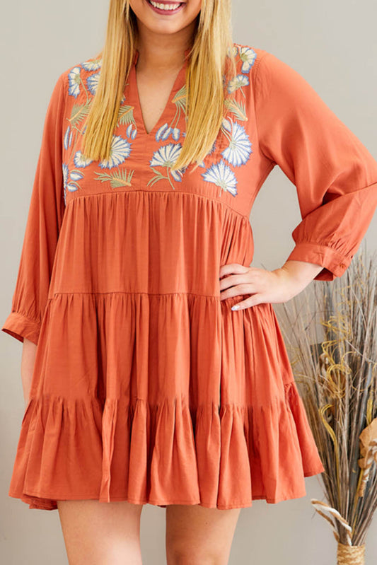 Orange Embroidered Tiered Ruffle Dress Plus Size JT's Designer Fashion