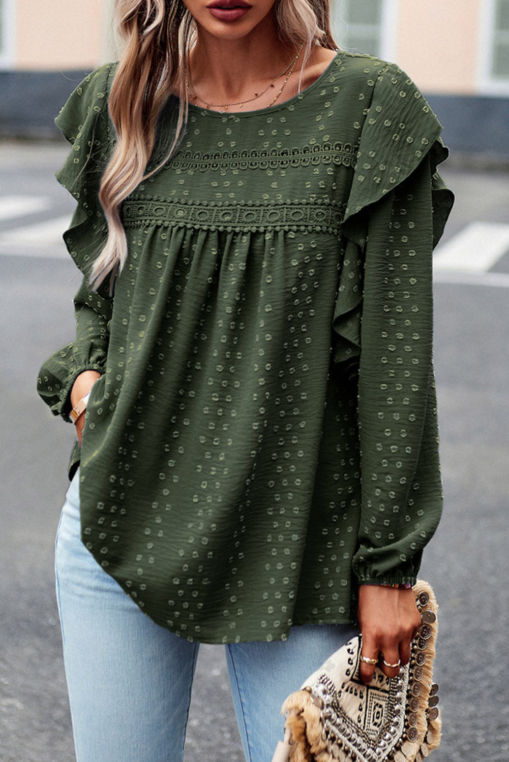 Blackish Green Lace Eyelet Ruffle Shoulder Long Sleeve Blouse Tops & Tees JT's Designer Fashion