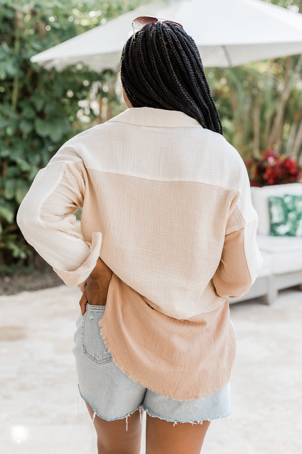 Khaki Colorblock Raw Hem Textured Long Sleeve Shirt Tops & Tees JT's Designer Fashion