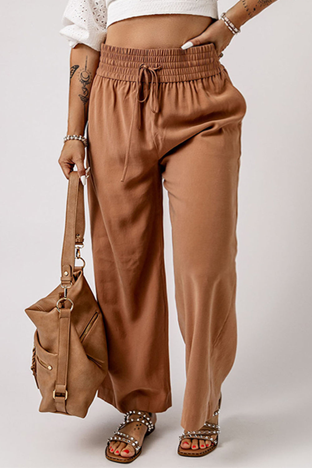 Brown Drawstring Smocked Waist Wide Leg Plus Size Pants Plus Size Bottoms JT's Designer Fashion