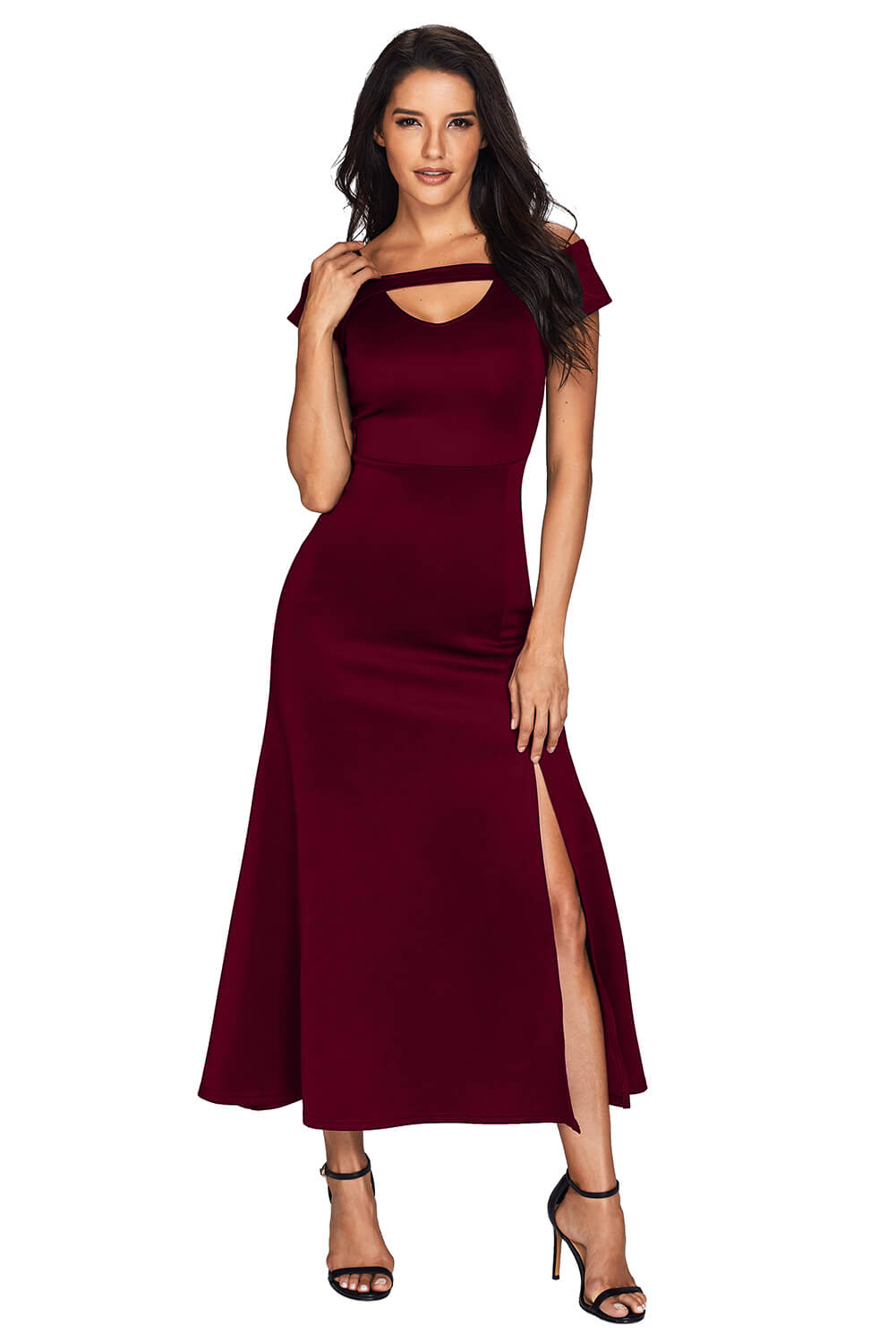 Burgundy Cold Shoulder Front Slit Flare Maxi Dress Maxi Dresses JT's Designer Fashion