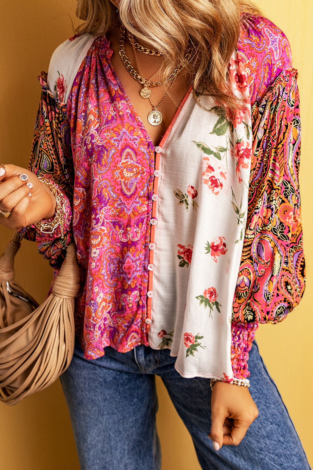 Multicolor Floral Patchwork Shirred Cuff Buttoned V Neck Blouse Tops & Tees JT's Designer Fashion