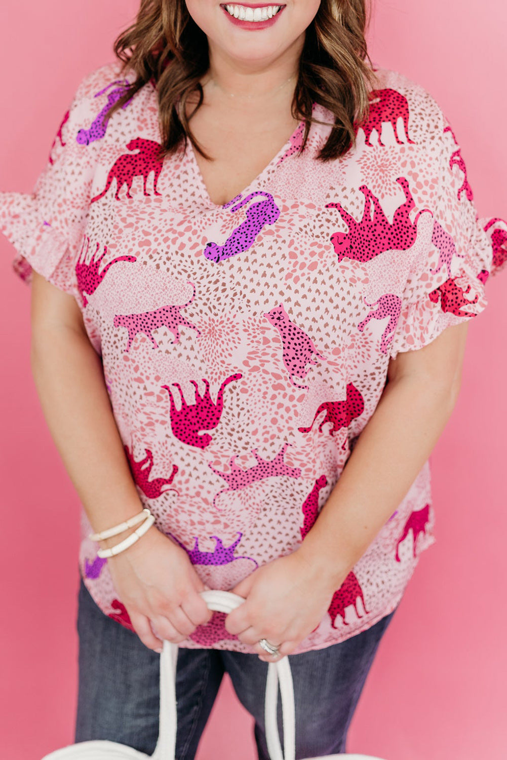 Pink Plus Size Jaguar Print Ruffled Short Sleeves Top Plus Size Tops JT's Designer Fashion