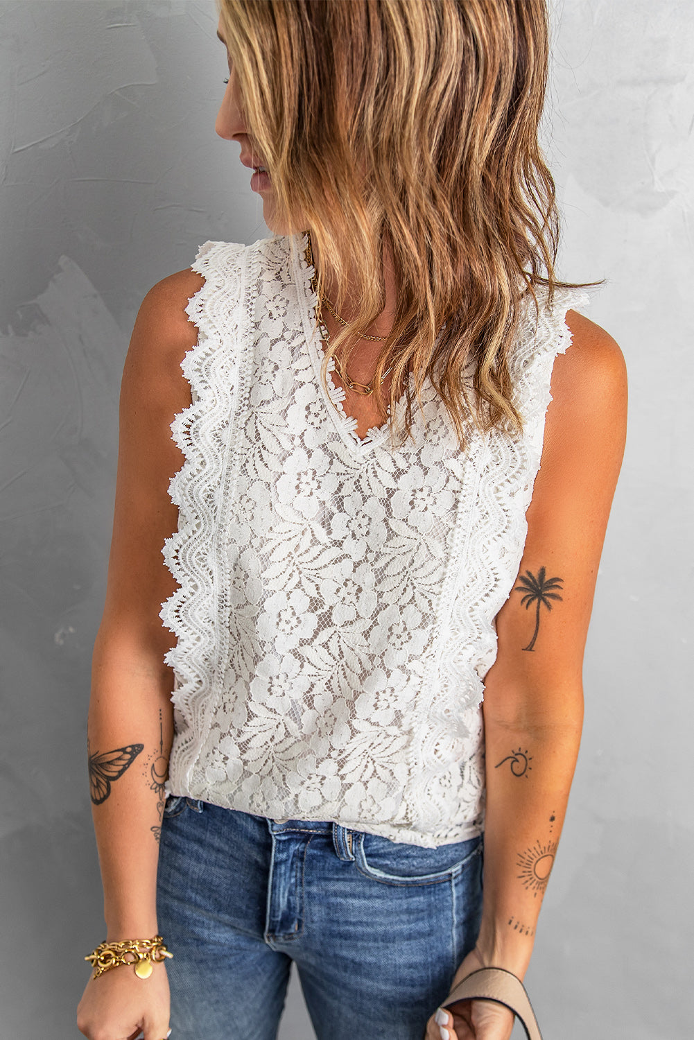 White Lace V Neck Tank Top White 100%Polyester Tank Tops JT's Designer Fashion