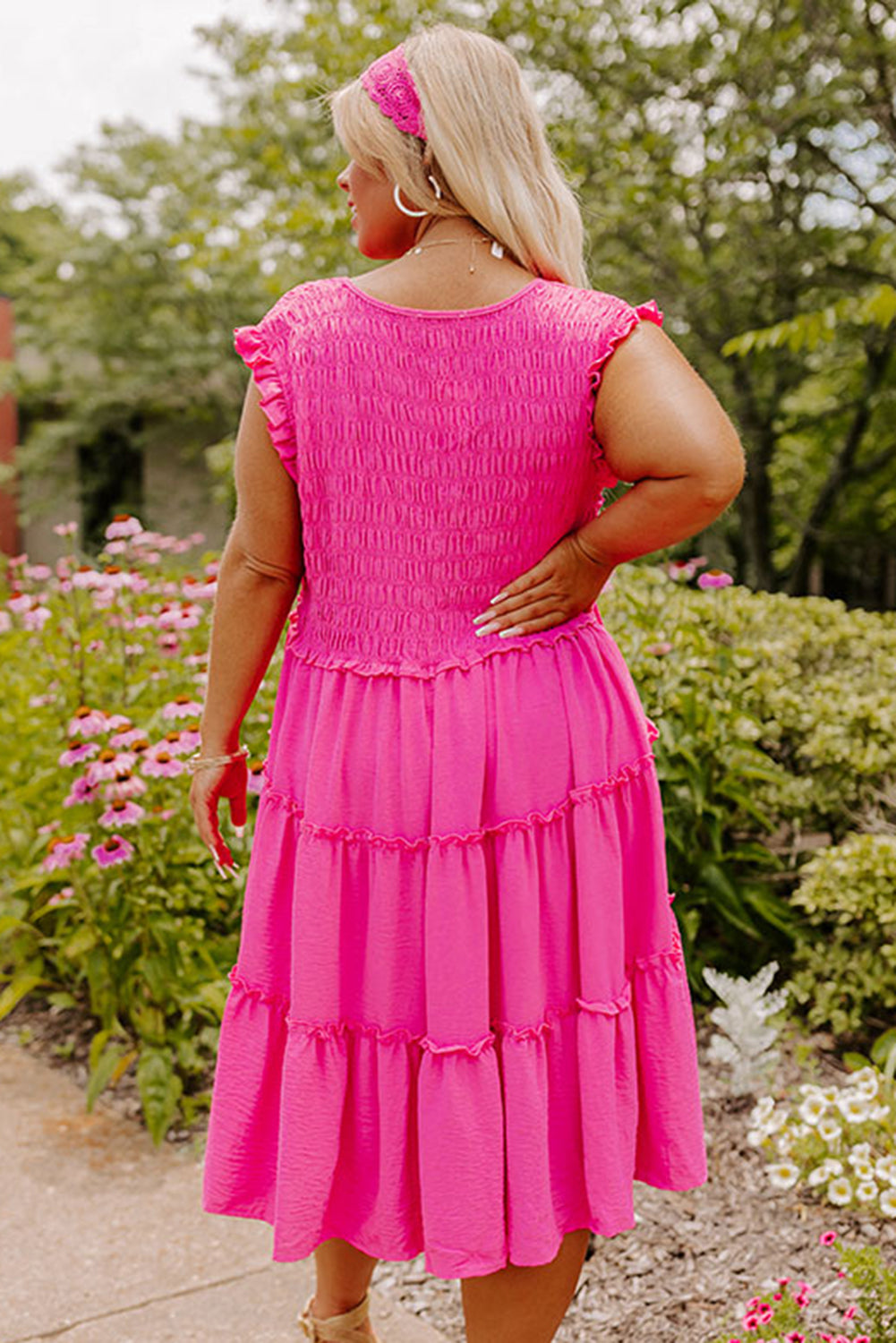 Pink Plus Size Solid Frill Tiered V Neck Smocked Dress Plus Size JT's Designer Fashion