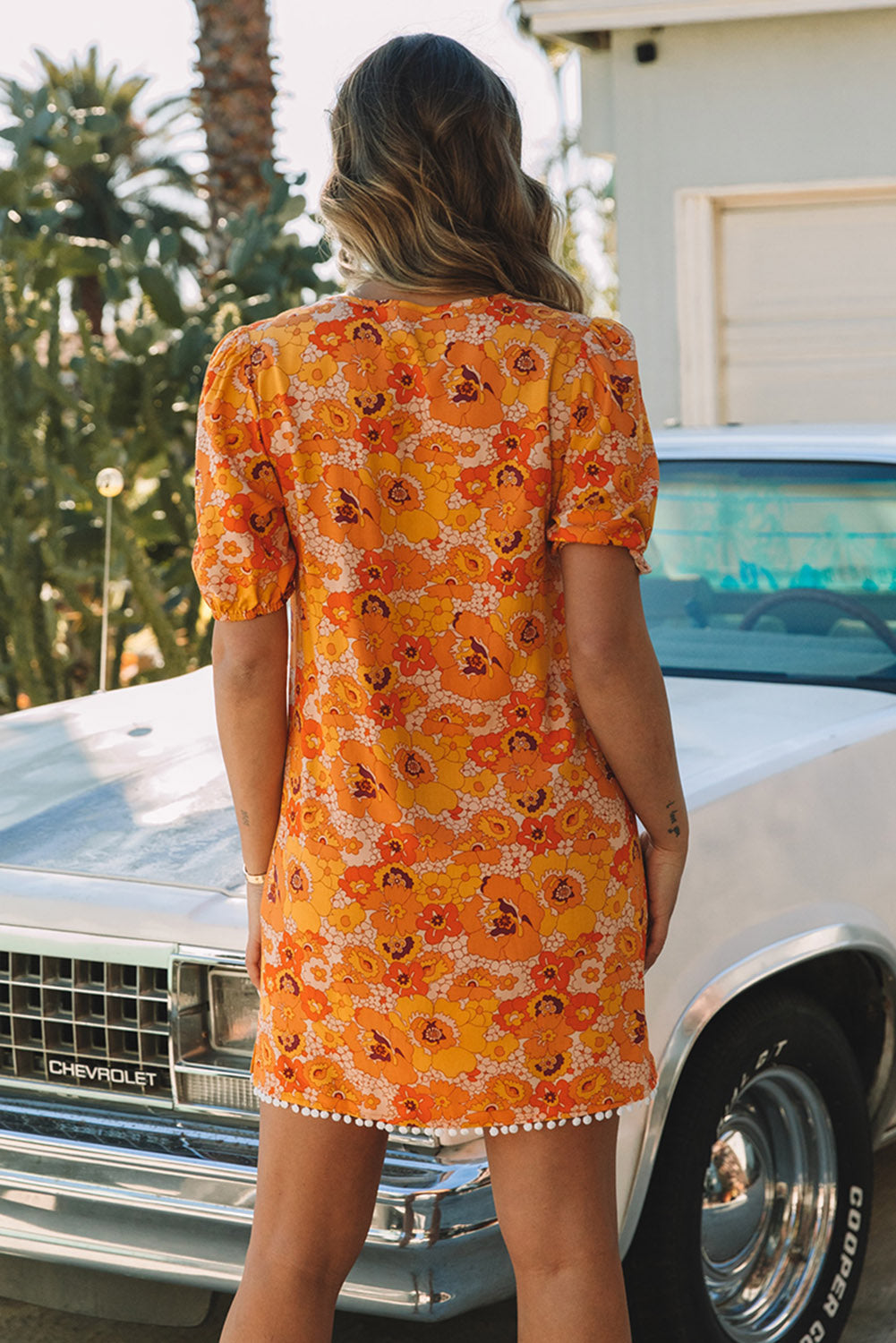 Yellow Puff Sleeve Floral Dress with Pompom Trim Floral Dresses JT's Designer Fashion