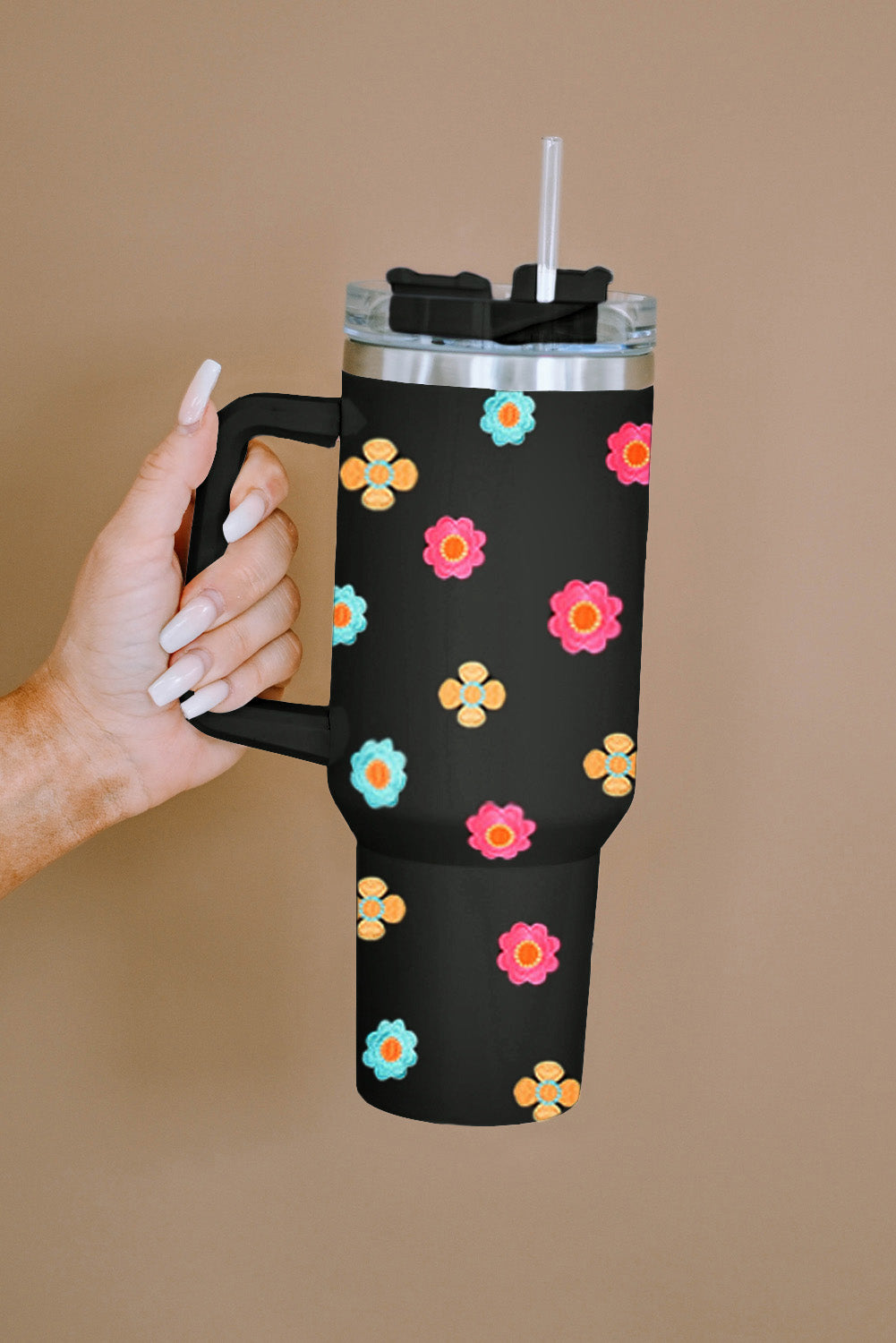 Black Cute Florets 304 Stainless Double Layer Thermos Cup Tumblers JT's Designer Fashion