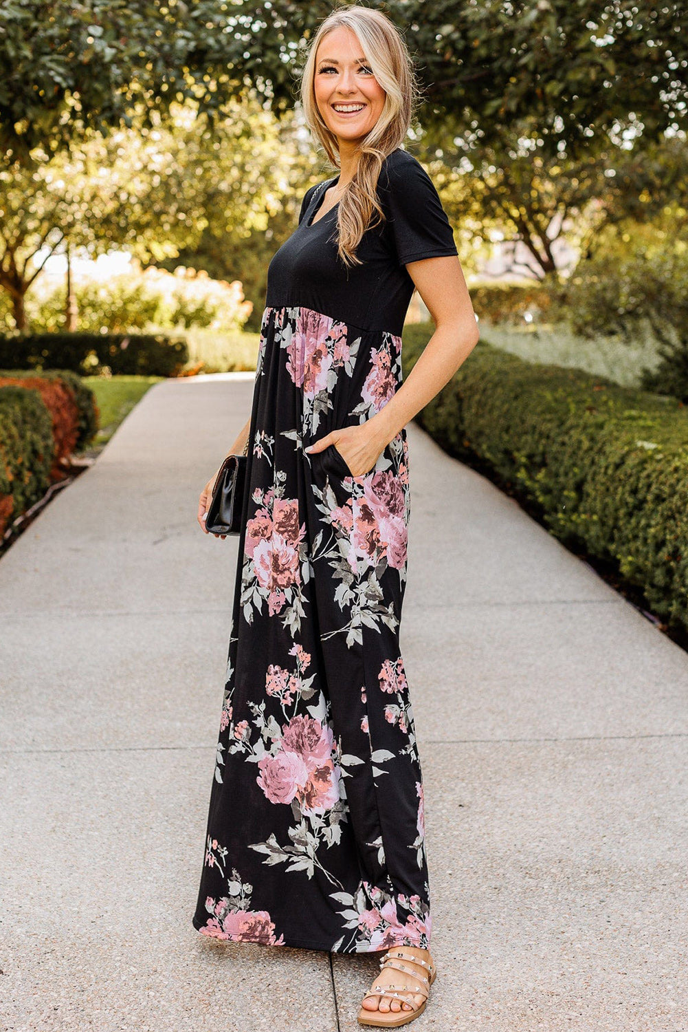 Black Contrast Floral Empire Waist Maxi Dress Maxi Dresses JT's Designer Fashion