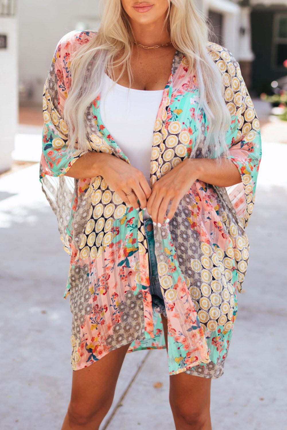 Multicolor Floral Open Sheer Shimmer Kimono Kimonos JT's Designer Fashion