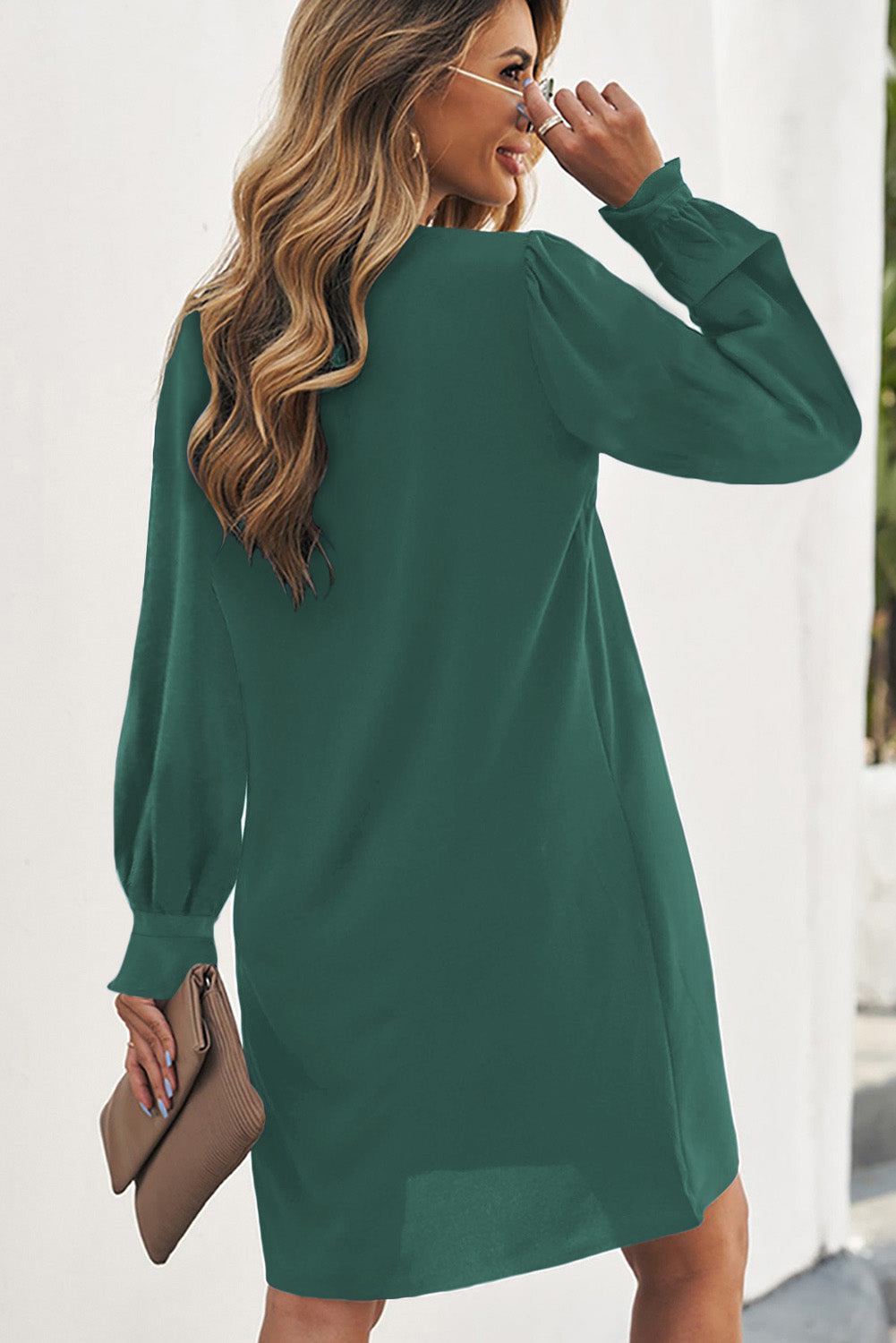 Green Split V Neck Ruffled Sleeves Shirt Dress Mini Dresses JT's Designer Fashion