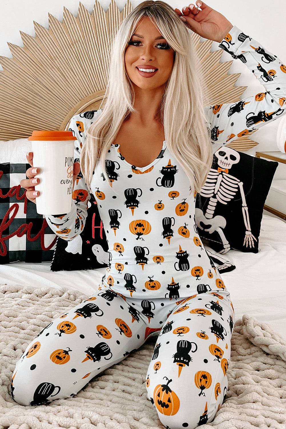 White Spooky Halloween Printed Long Sleeve Pants Lounge Set Loungewear JT's Designer Fashion